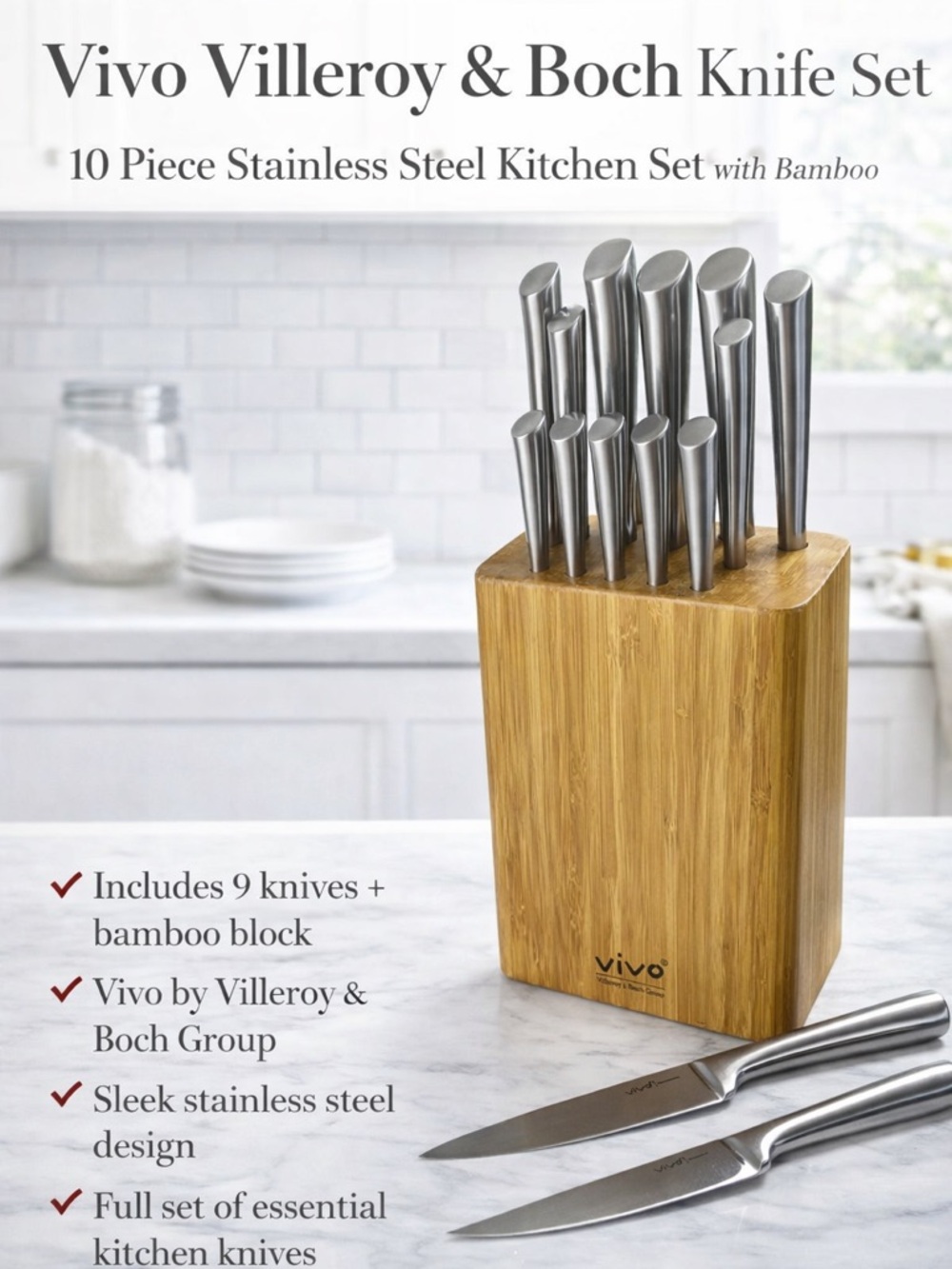Villeroy & Boch Stainless Steel Knife Set with Natural Bamboo Block